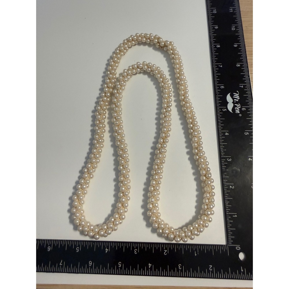 Vintage White Faux Pearl Braided Rope Necklace Long Twisted Multi Strand 30 Inch